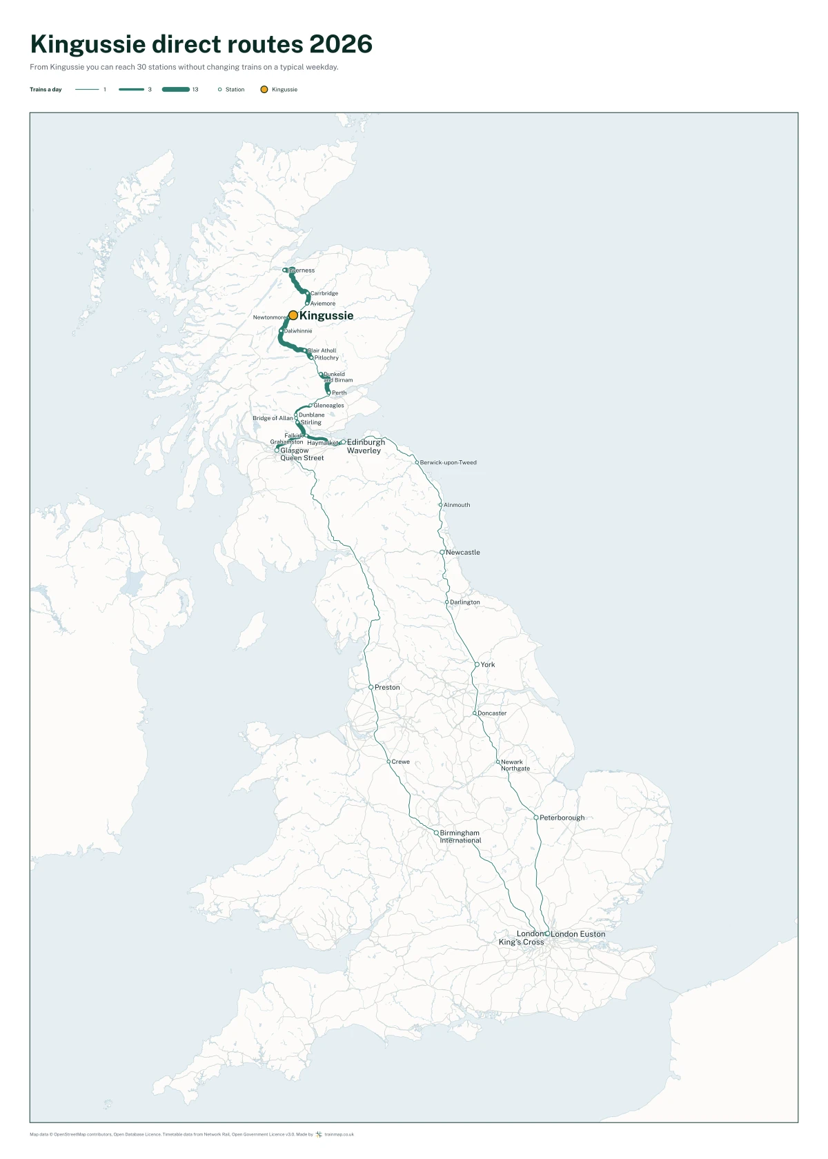 Kingussie direct routes 2026: a map of every station you can reach from Kingussie without changing trains, the lines thicker where more trains run