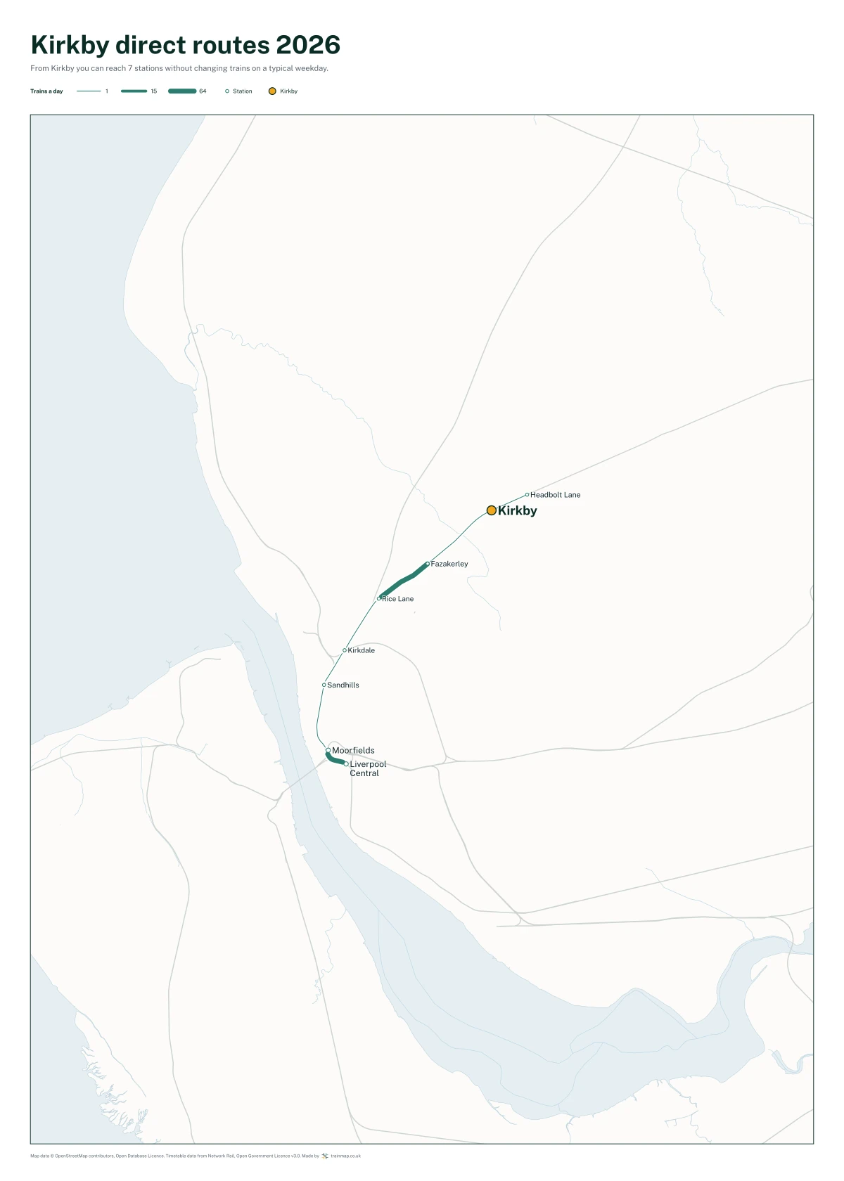 Kirkby direct routes 2026: a map of every station you can reach from Kirkby without changing trains, the lines thicker where more trains run