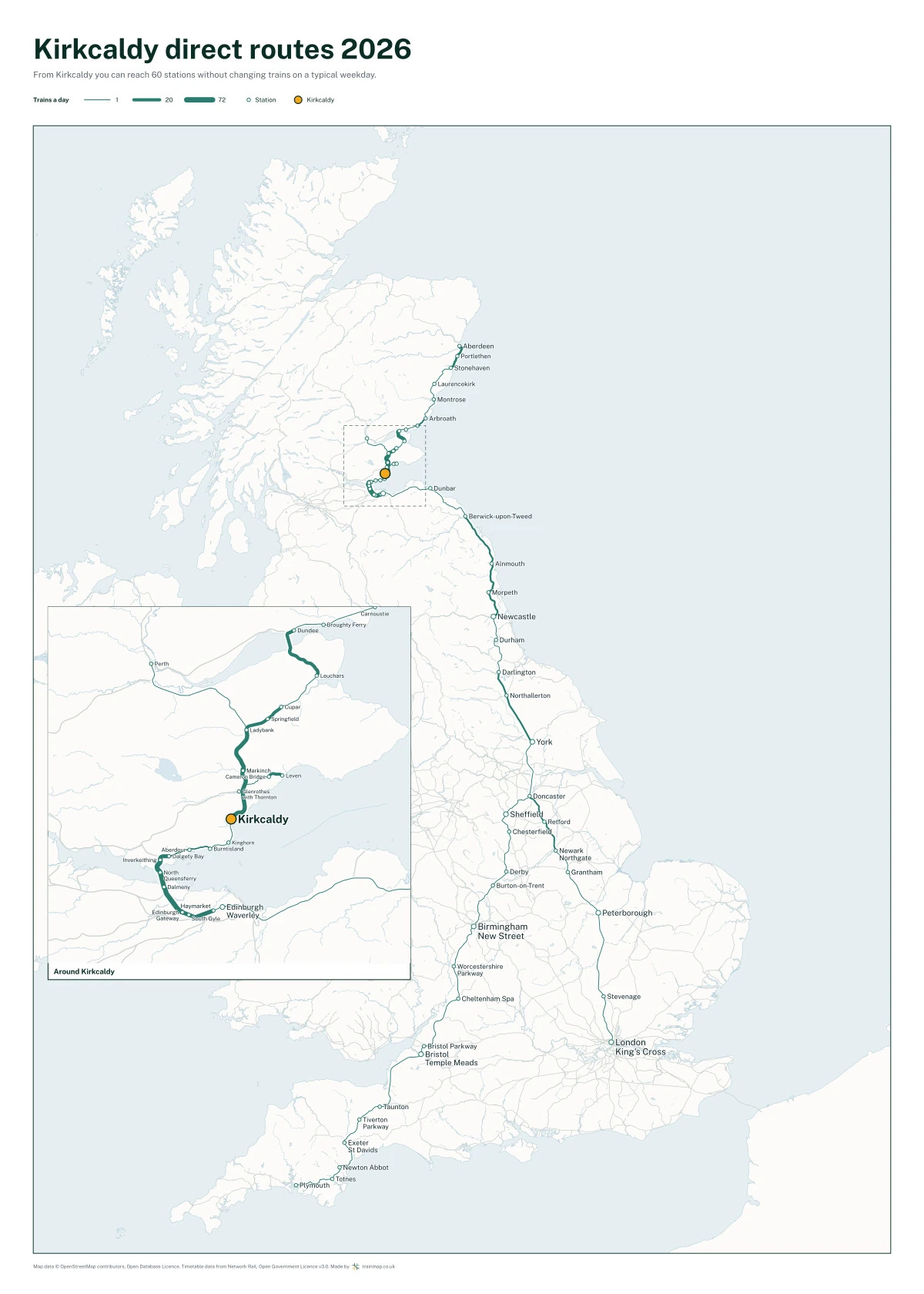 Kirkcaldy direct routes 2026: a map of every station you can reach from Kirkcaldy without changing trains, the lines thicker where more trains run