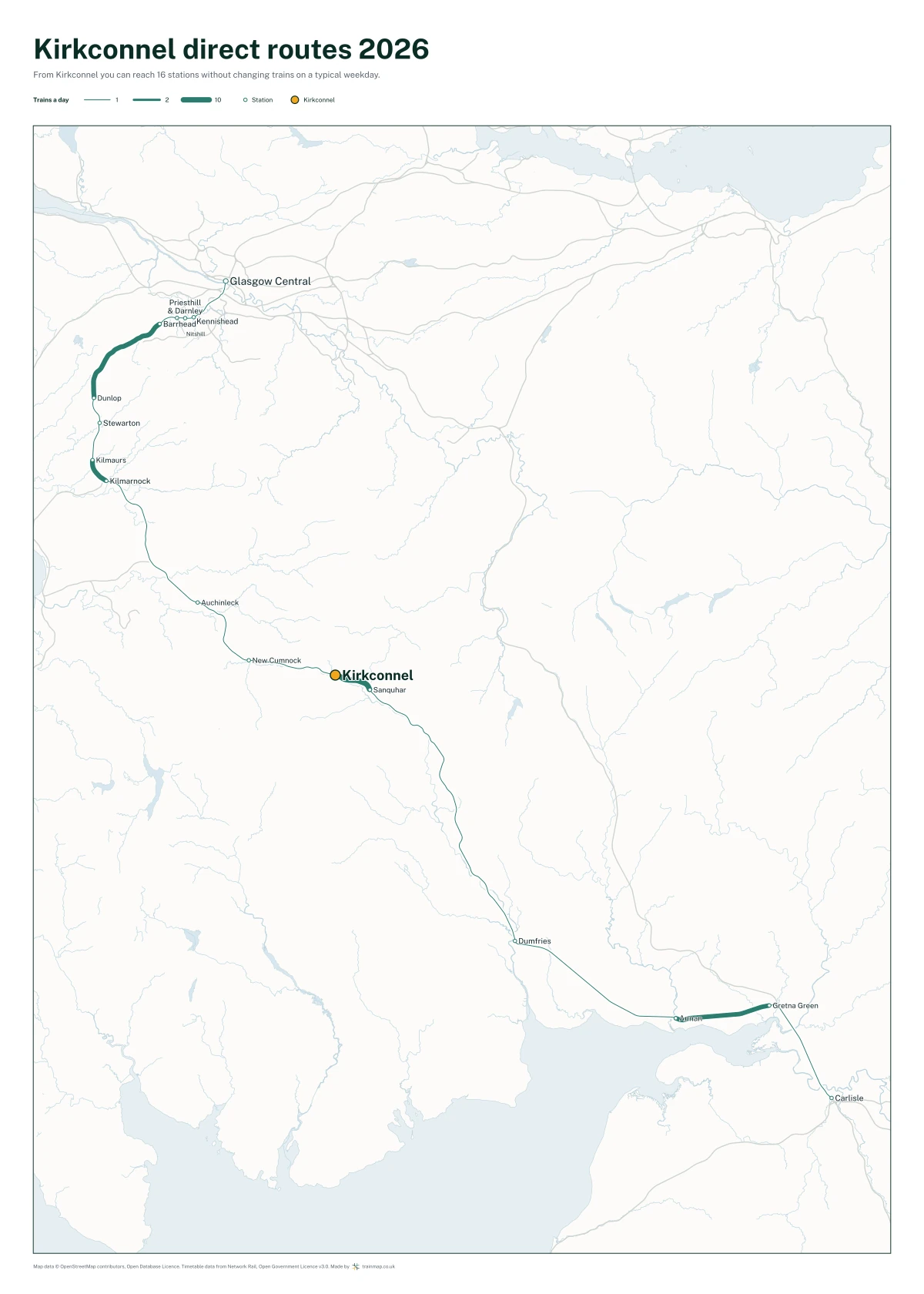 Kirkconnel direct routes 2026: a map of every station you can reach from Kirkconnel without changing trains, the lines thicker where more trains run