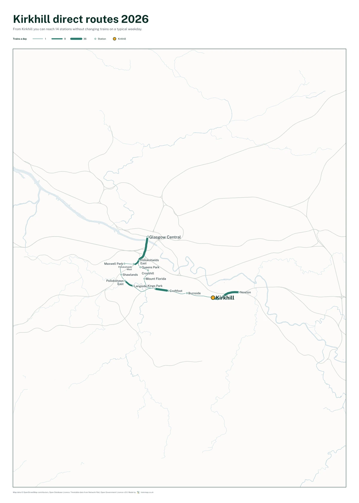 Kirkhill direct routes 2026: a map of every station you can reach from Kirkhill without changing trains, the lines thicker where more trains run