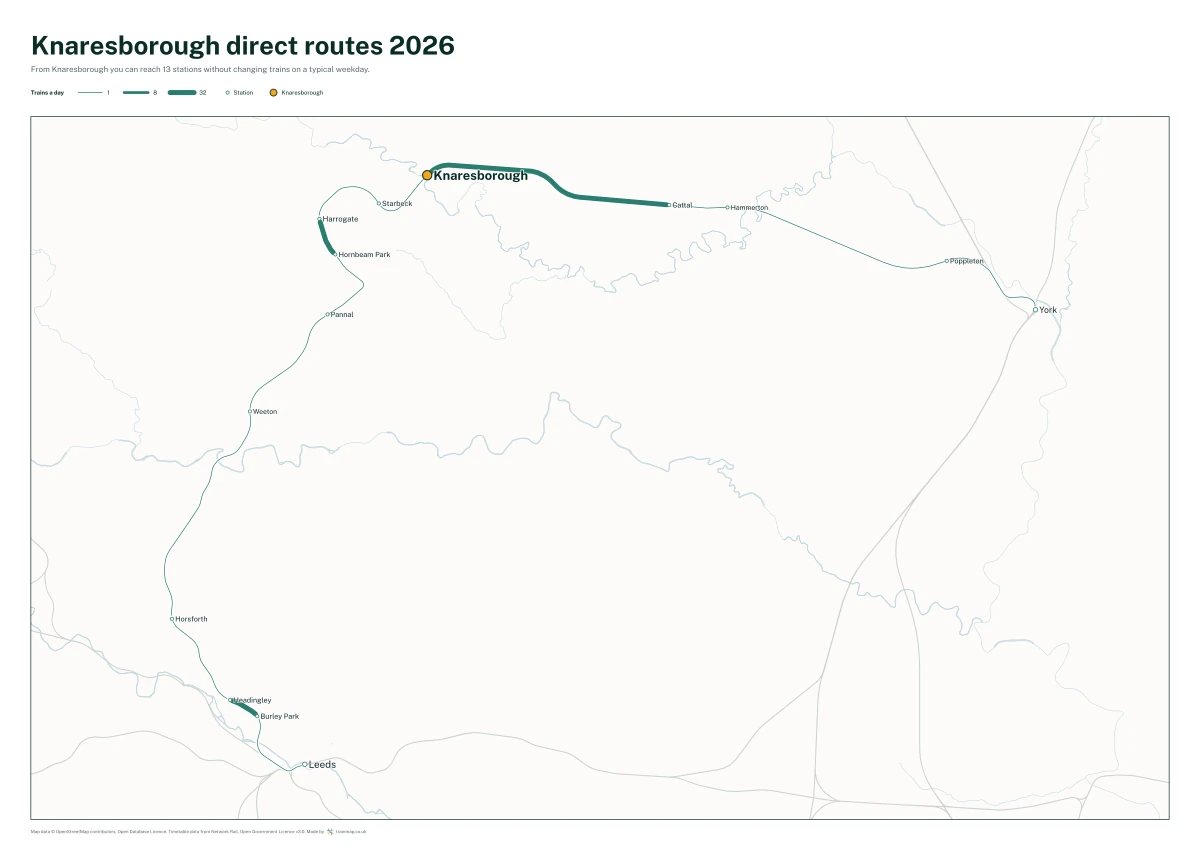 Knaresborough direct routes 2026: a map of every station you can reach from Knaresborough without changing trains, the lines thicker where more trains run