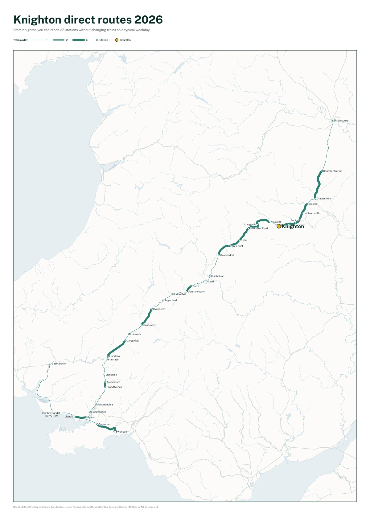 Knighton direct routes 2026: a map of every station you can reach from Knighton without changing trains, the lines thicker where more trains run