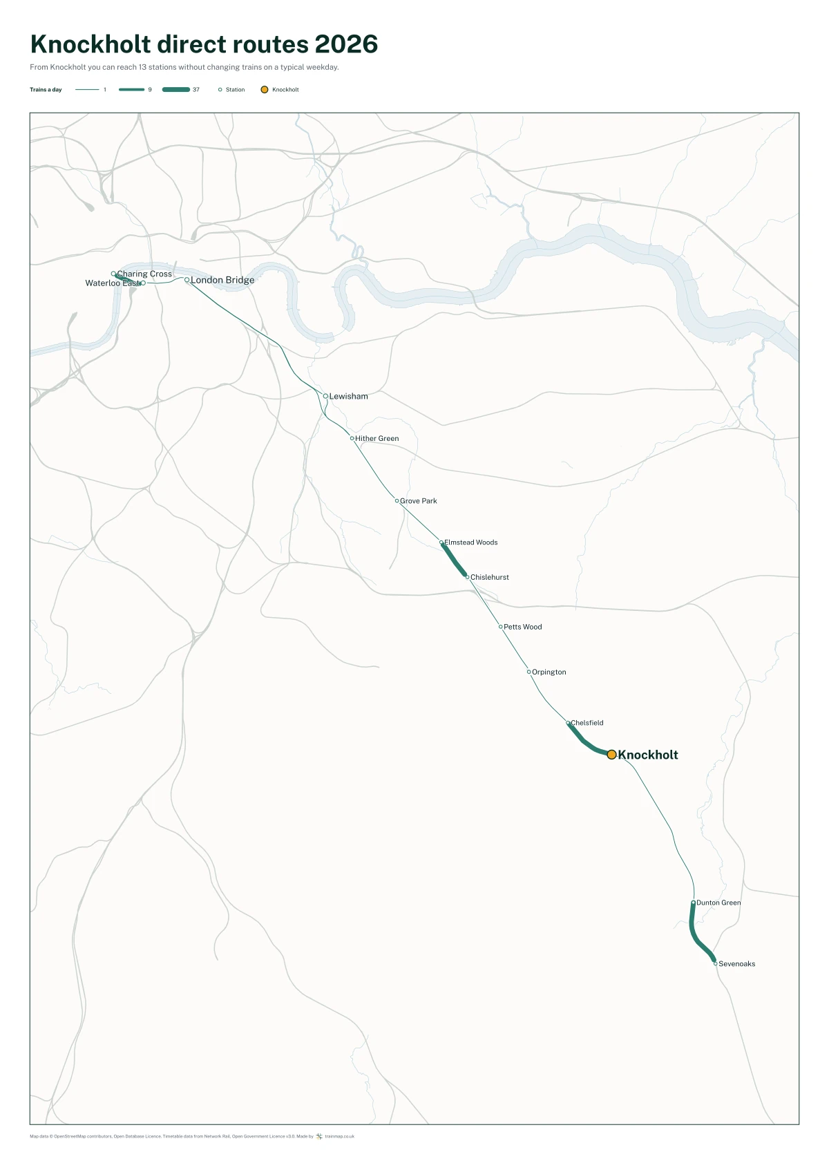 Knockholt direct routes 2026: a map of every station you can reach from Knockholt without changing trains, the lines thicker where more trains run