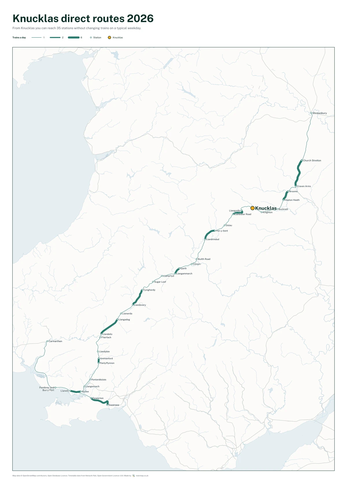 Knucklas direct routes 2026: a map of every station you can reach from Knucklas without changing trains, the lines thicker where more trains run