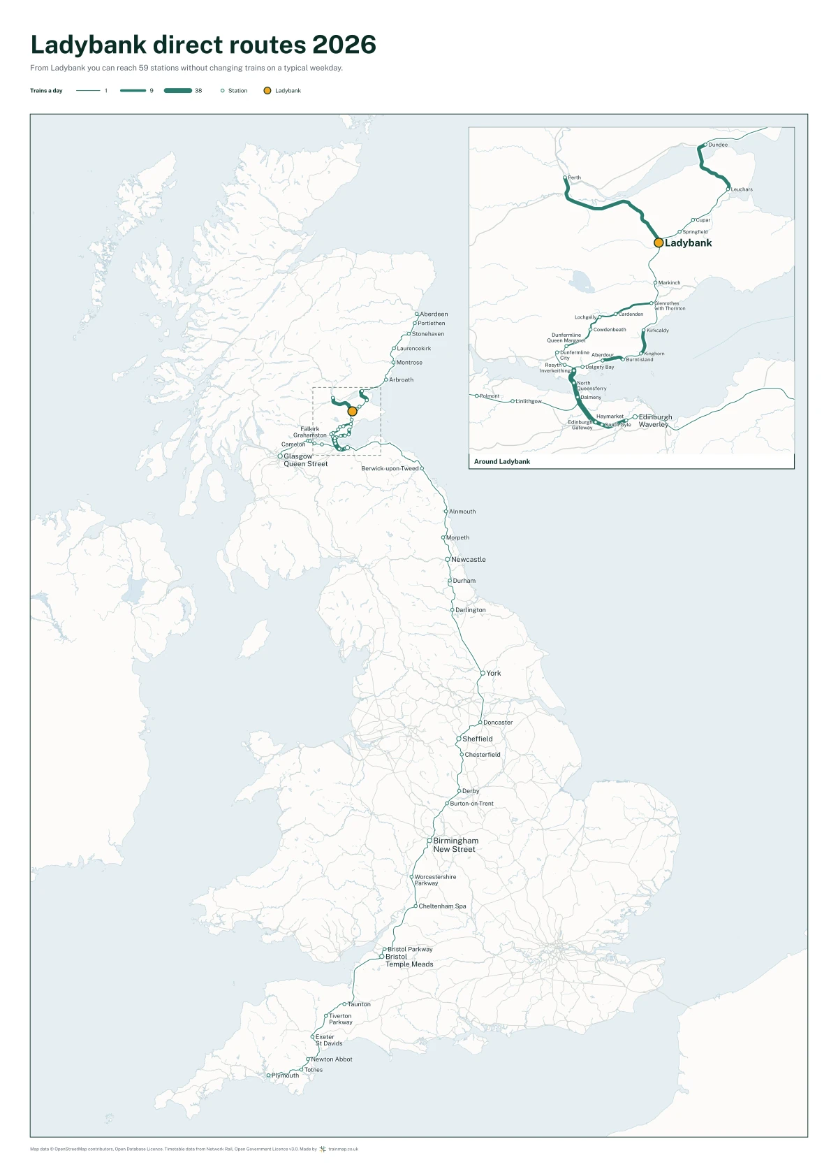 Ladybank direct routes 2026: a map of every station you can reach from Ladybank without changing trains, the lines thicker where more trains run
