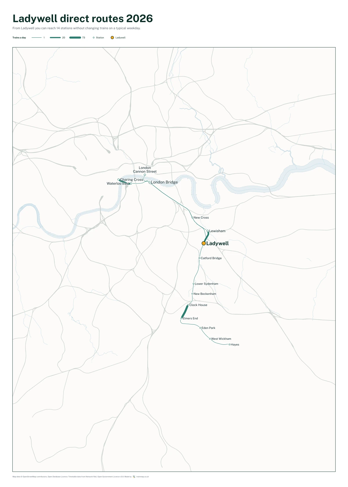 Ladywell direct routes 2026: a map of every station you can reach from Ladywell without changing trains, the lines thicker where more trains run