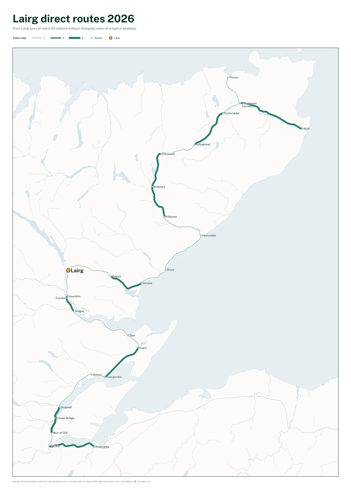 Lairg direct routes 2026: a map of every station you can reach from Lairg without changing trains, the lines thicker where more trains run