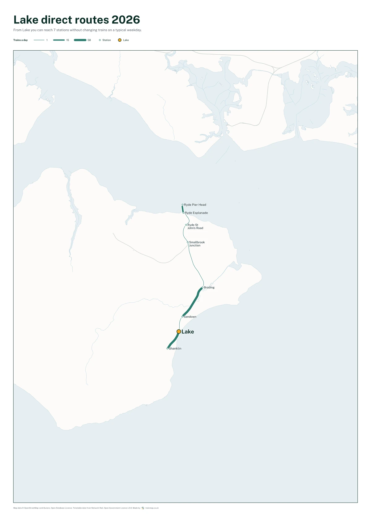 Lake direct routes 2026: a map of every station you can reach from Lake without changing trains, the lines thicker where more trains run