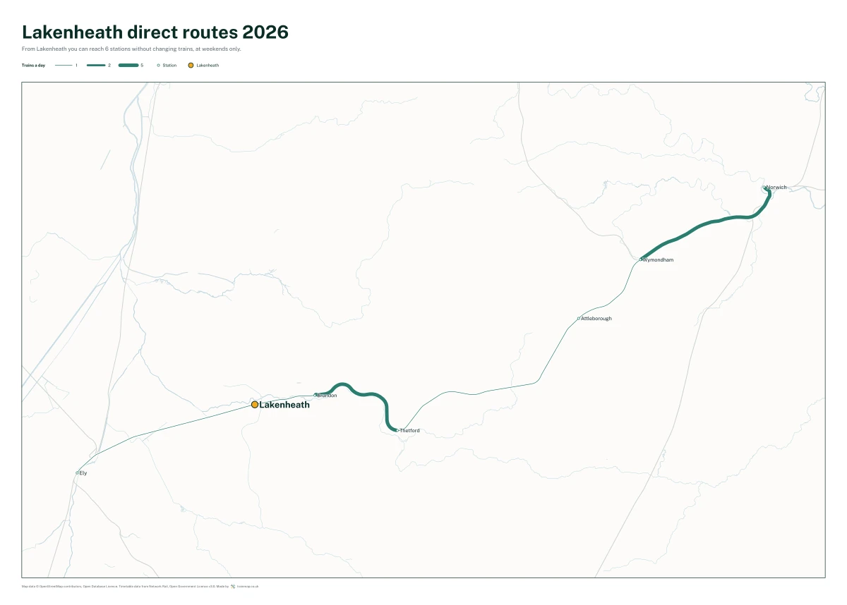 Lakenheath direct routes 2026: a map of every station you can reach from Lakenheath without changing trains, the lines thicker where more trains run