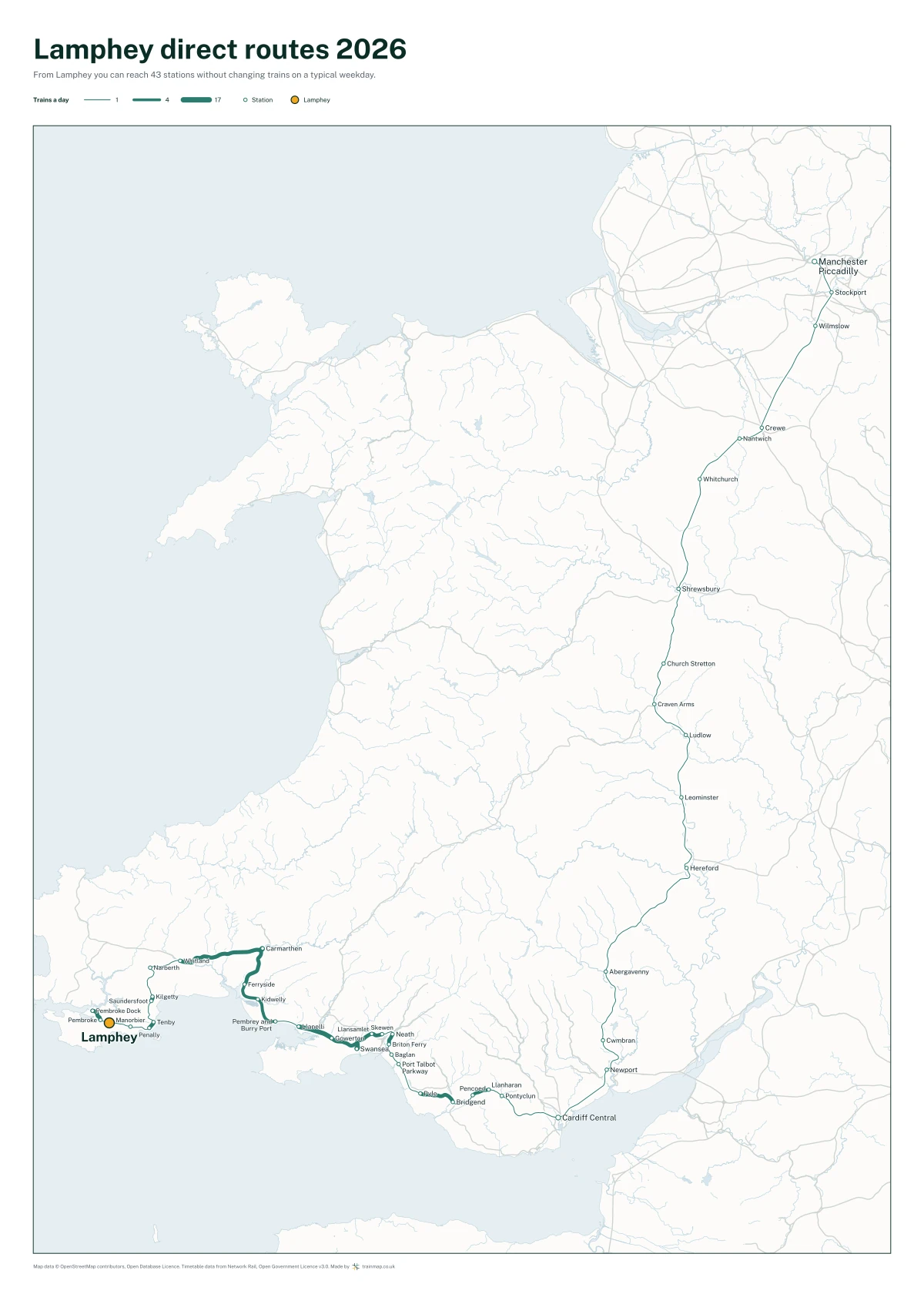 Lamphey direct routes 2026: a map of every station you can reach from Lamphey without changing trains, the lines thicker where more trains run