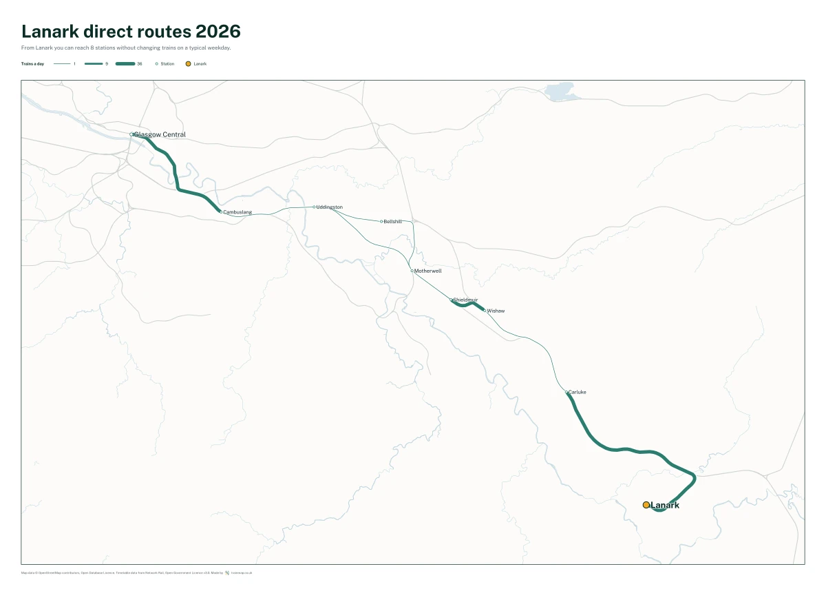 Lanark direct routes 2026: a map of every station you can reach from Lanark without changing trains, the lines thicker where more trains run