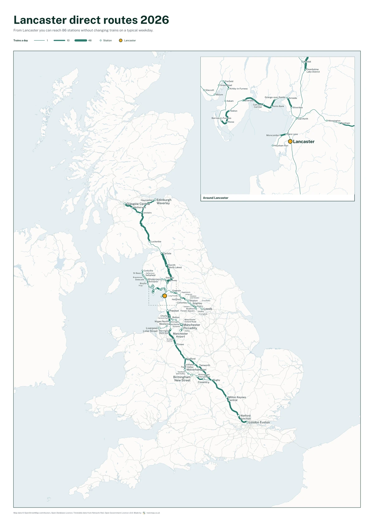 Lancaster direct routes 2026: a map of every station you can reach from Lancaster without changing trains, the lines thicker where more trains run