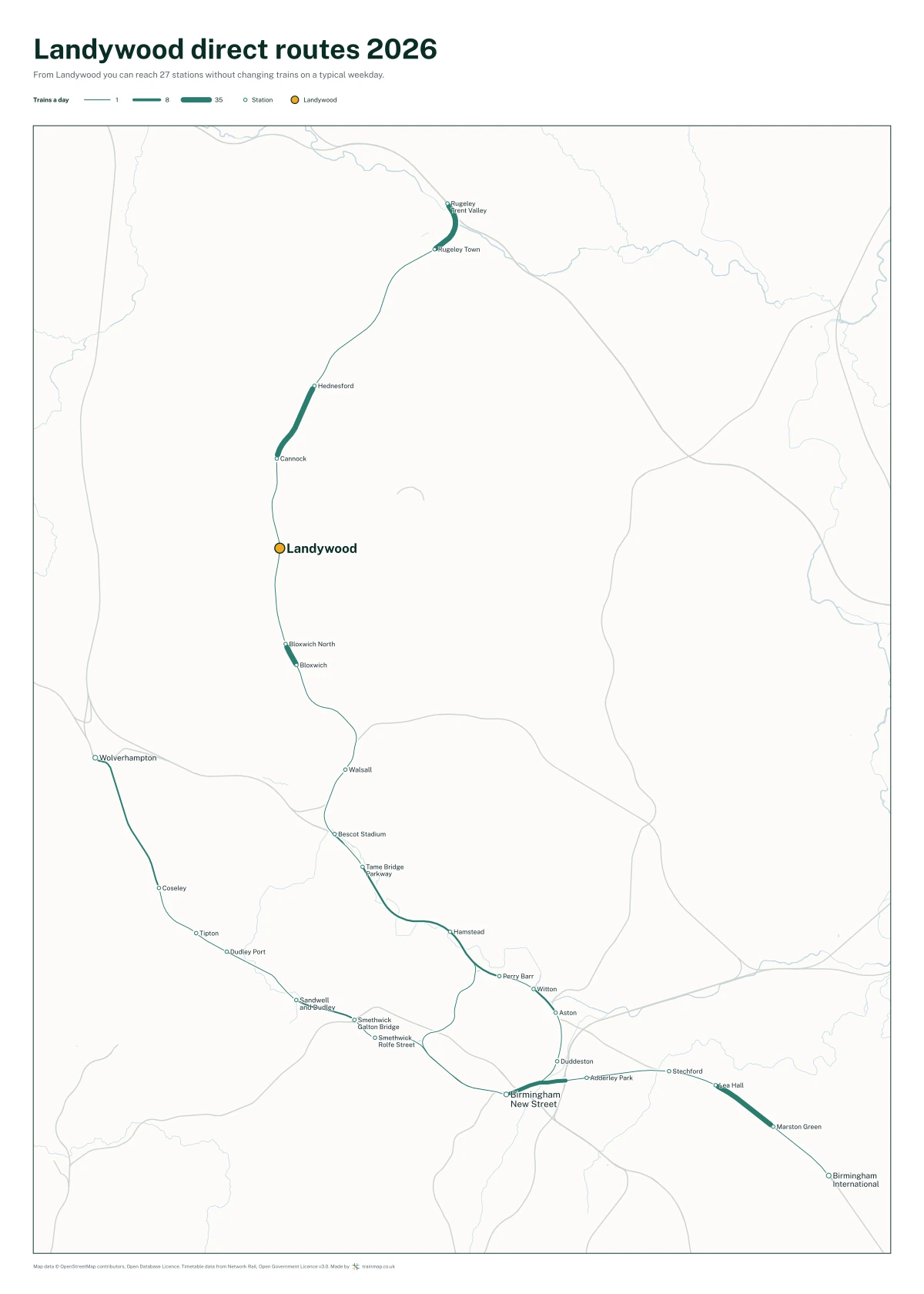 Landywood direct routes 2026: a map of every station you can reach from Landywood without changing trains, the lines thicker where more trains run