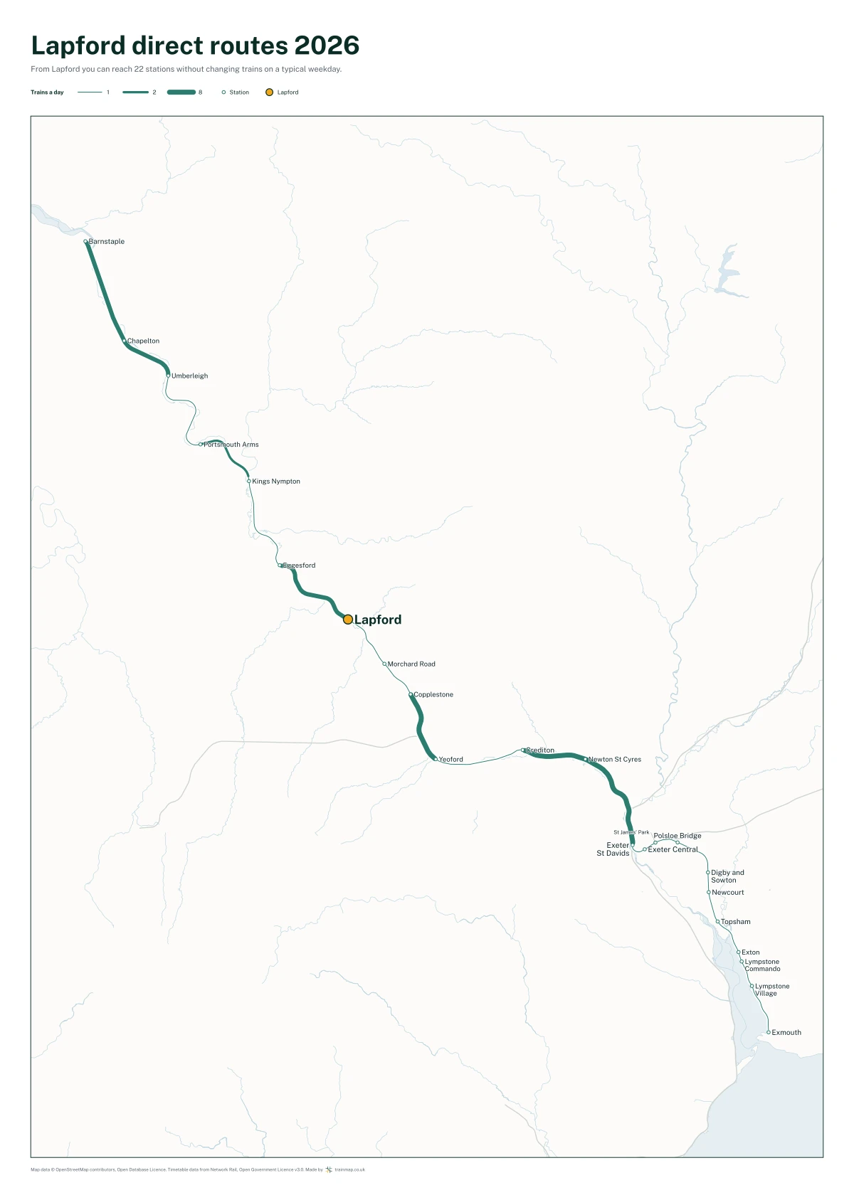 Lapford direct routes 2026: a map of every station you can reach from Lapford without changing trains, the lines thicker where more trains run