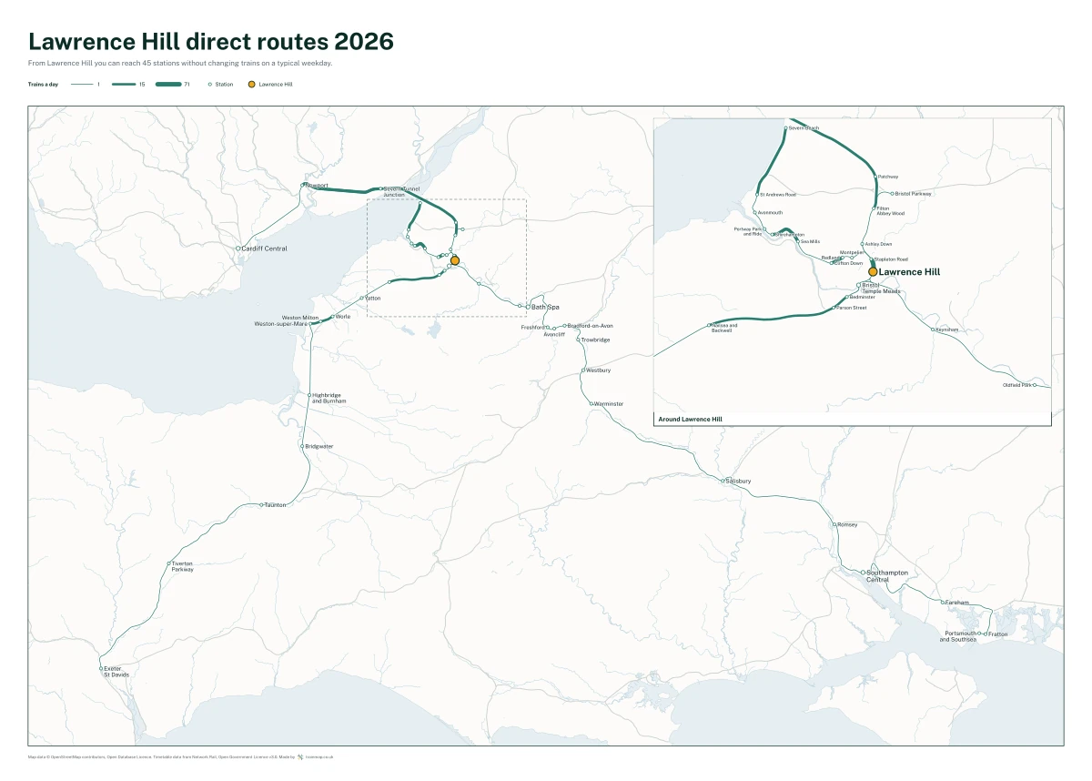 Lawrence Hill direct routes 2026: a map of every station you can reach from Lawrence Hill without changing trains, the lines thicker where more trains run