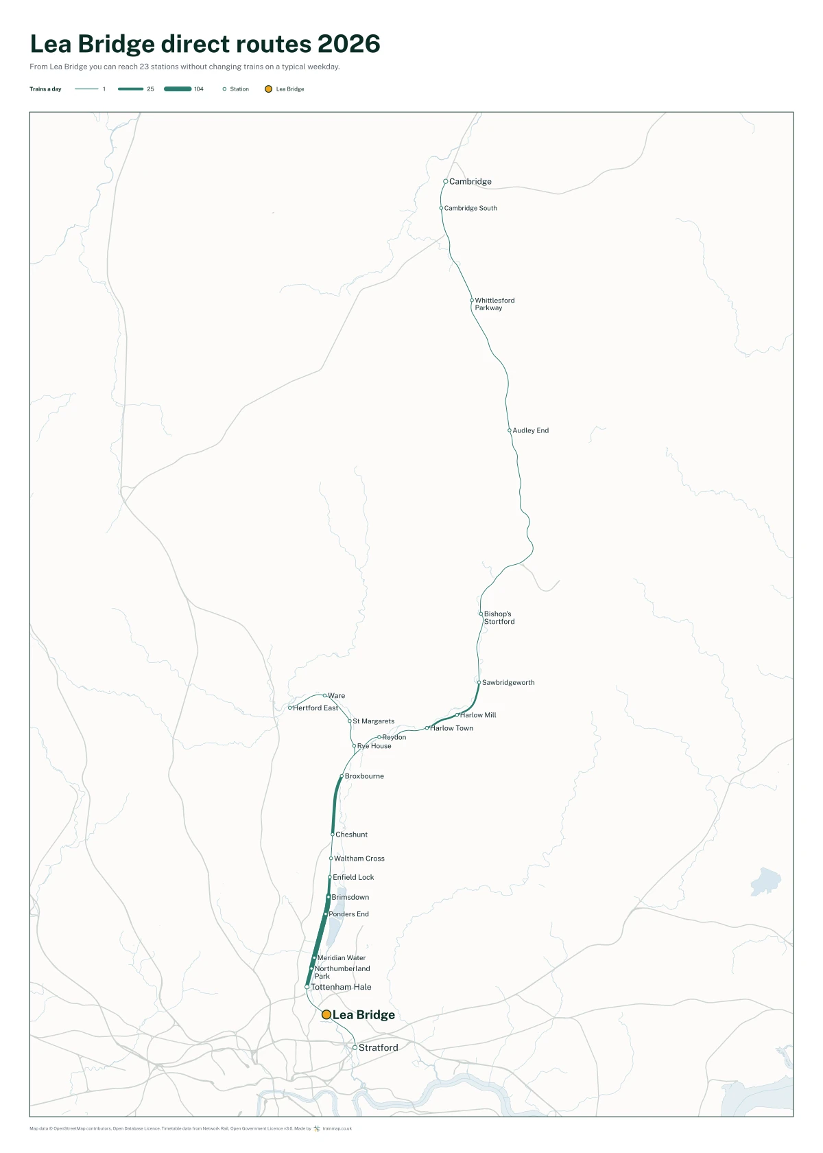 Lea Bridge direct routes 2026: a map of every station you can reach from Lea Bridge without changing trains, the lines thicker where more trains run