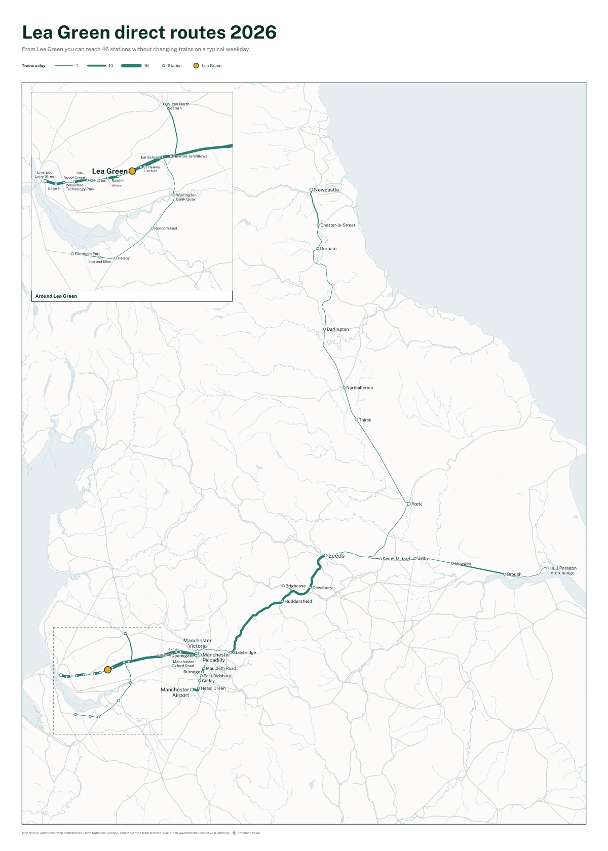 Lea Green direct routes 2026: a map of every station you can reach from Lea Green without changing trains, the lines thicker where more trains run