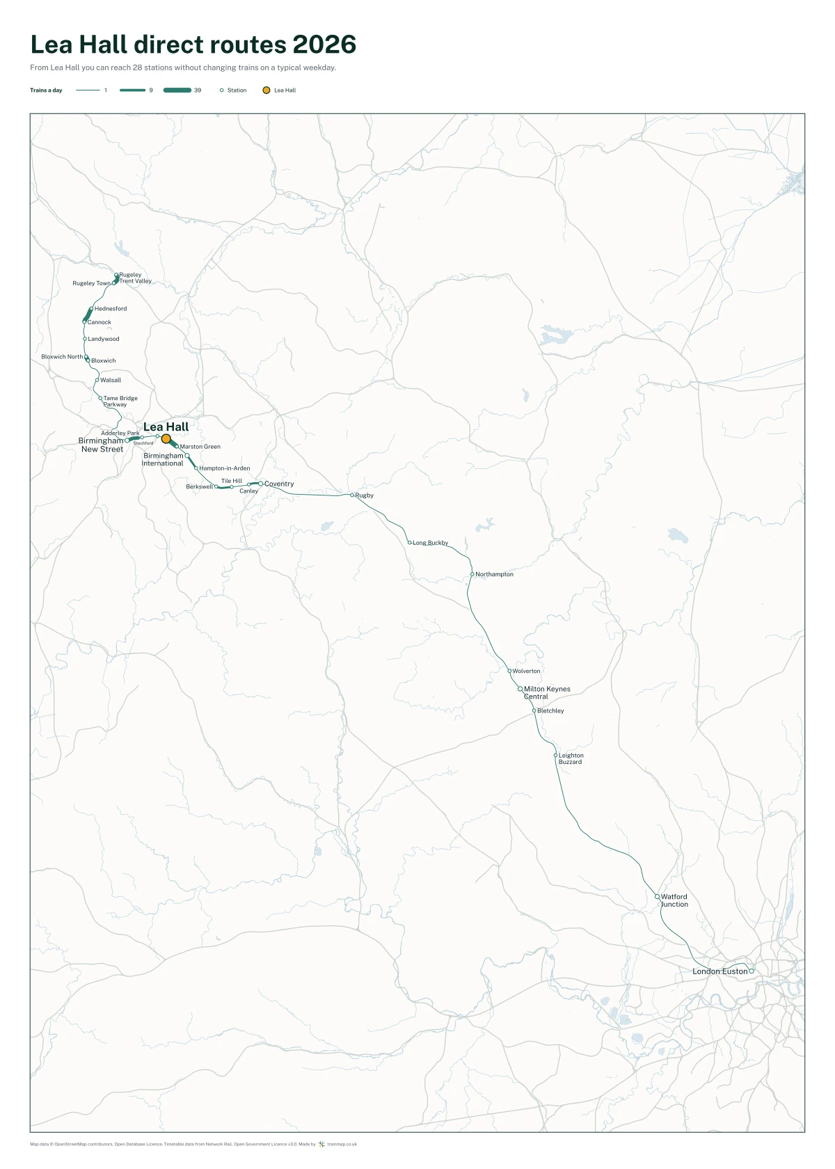 Lea Hall direct routes 2026: a map of every station you can reach from Lea Hall without changing trains, the lines thicker where more trains run