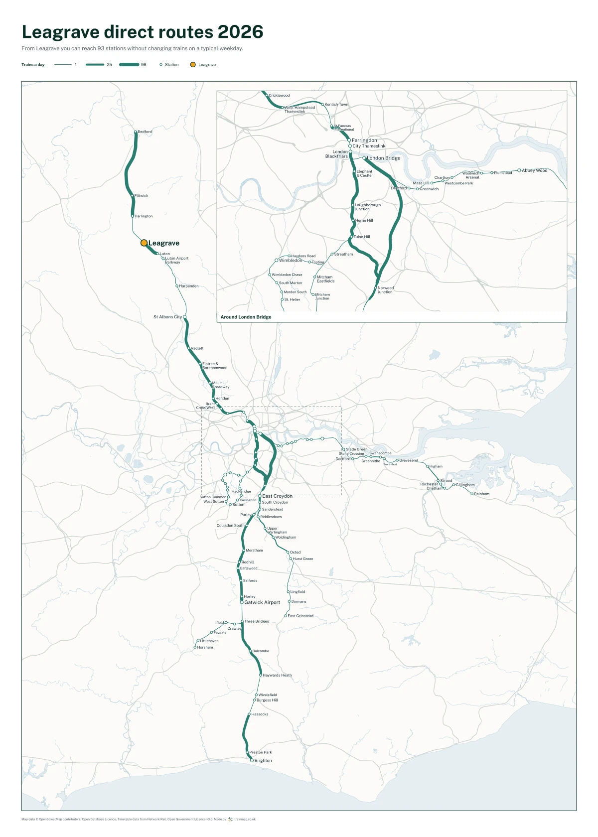 Leagrave direct routes 2026: a map of every station you can reach from Leagrave without changing trains, the lines thicker where more trains run