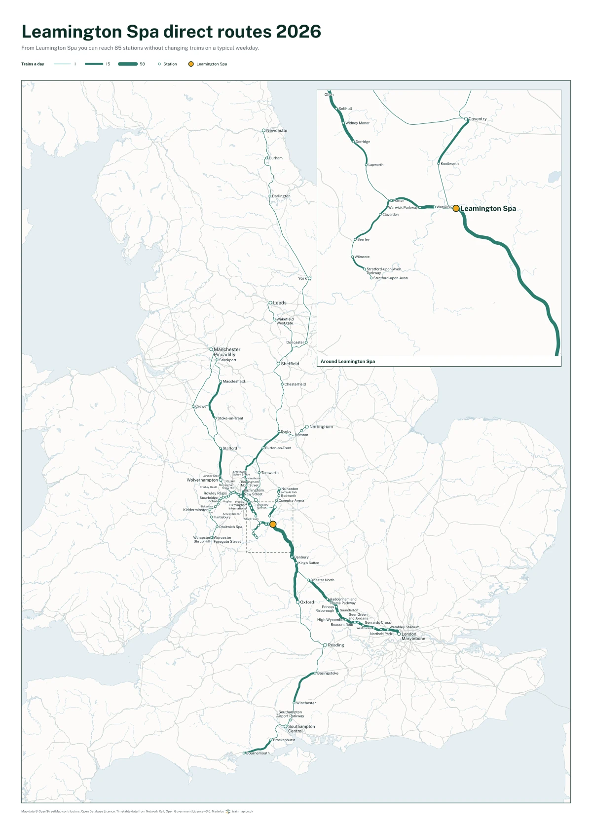 Leamington Spa direct routes 2026: a map of every station you can reach from Leamington Spa without changing trains, the lines thicker where more trains run