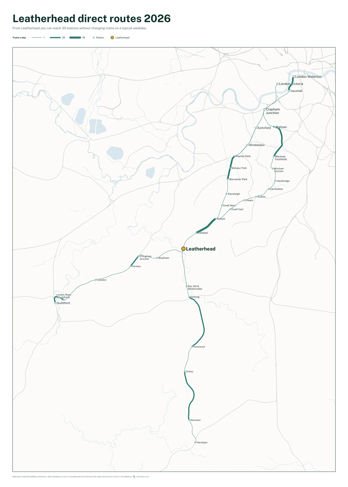 Leatherhead direct routes 2026: a map of every station you can reach from Leatherhead without changing trains, the lines thicker where more trains run