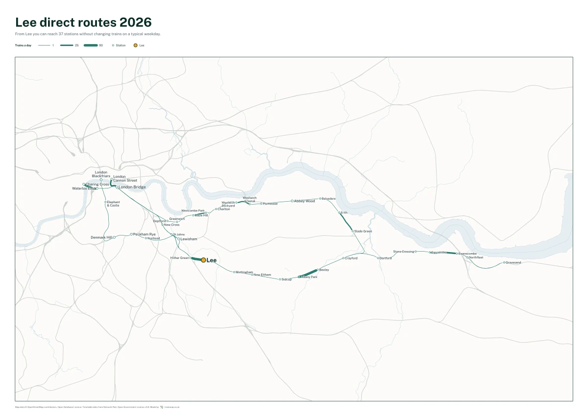 Lee direct routes 2026: a map of every station you can reach from Lee without changing trains, the lines thicker where more trains run