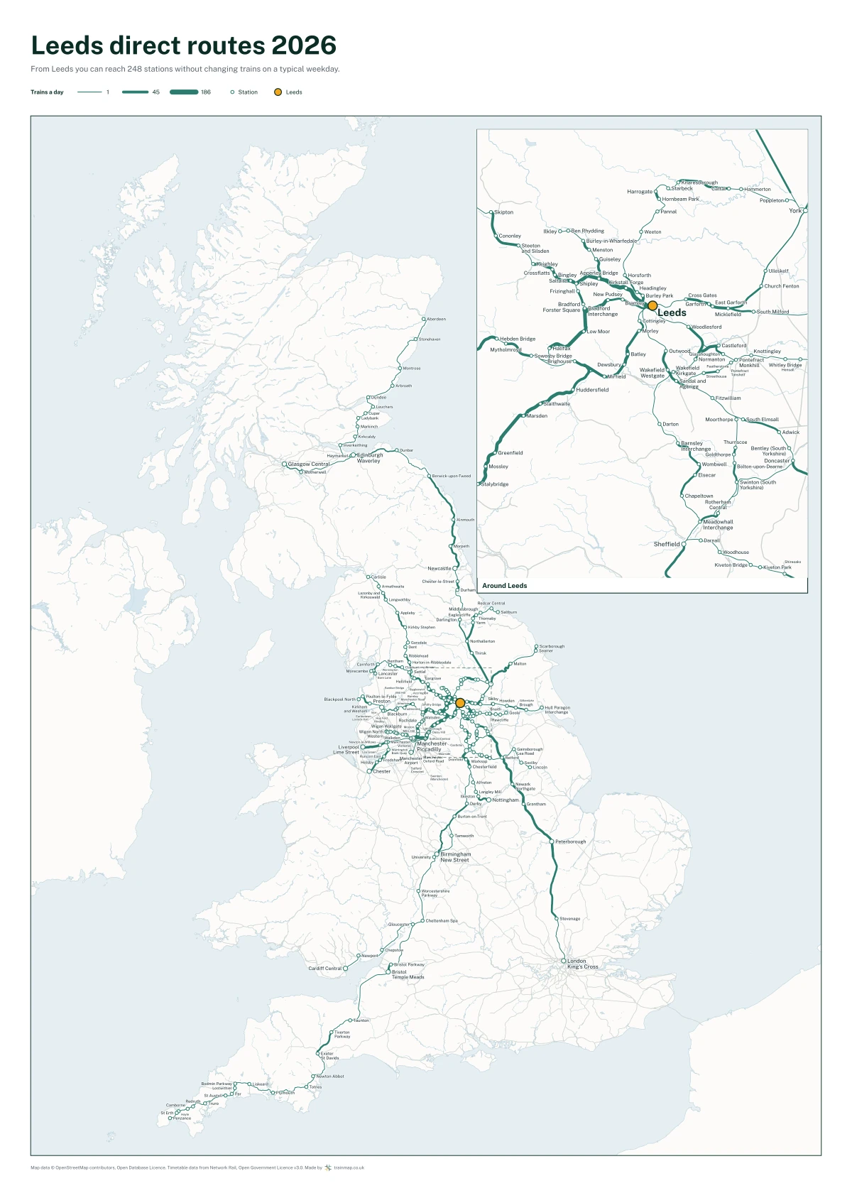 Leeds direct routes 2026: a map of every station you can reach from Leeds without changing trains, the lines thicker where more trains run