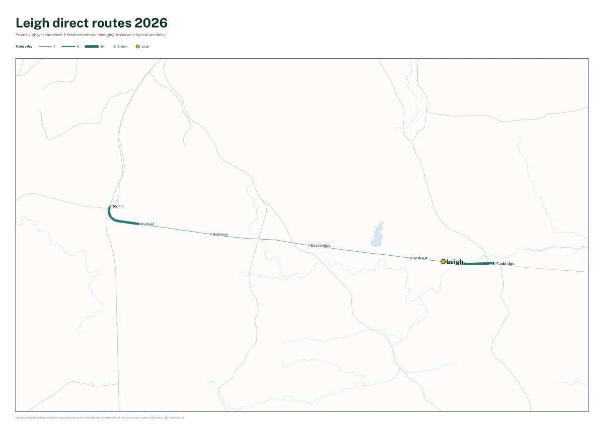 Leigh direct routes 2026: a map of every station you can reach from Leigh without changing trains, the lines thicker where more trains run