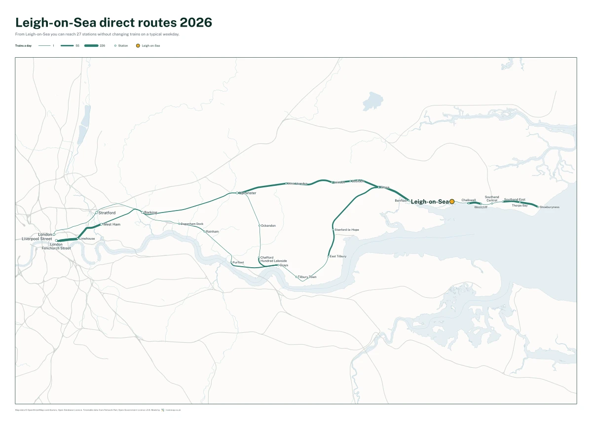 Leigh-on-Sea direct routes 2026: a map of every station you can reach from Leigh-on-Sea without changing trains, the lines thicker where more trains run