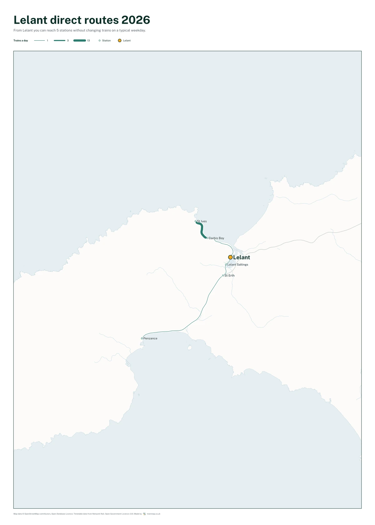 Lelant direct routes 2026: a map of every station you can reach from Lelant without changing trains, the lines thicker where more trains run