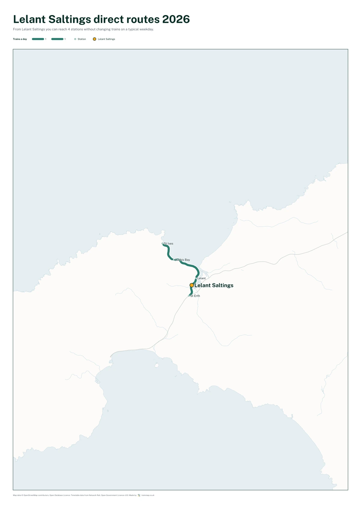 Lelant Saltings direct routes 2026: a map of every station you can reach from Lelant Saltings without changing trains, the lines thicker where more trains run