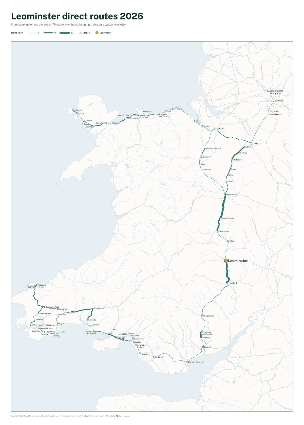 Leominster direct routes 2026: a map of every station you can reach from Leominster without changing trains, the lines thicker where more trains run