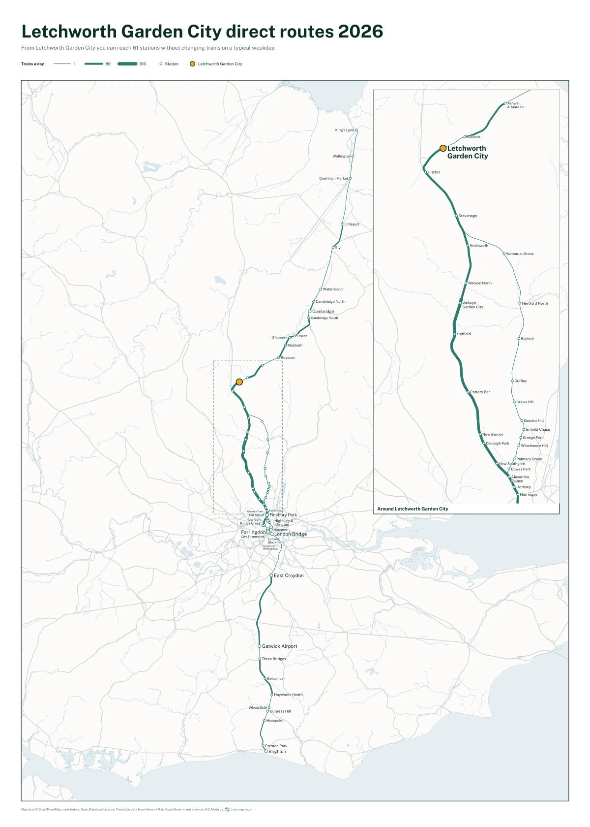 Letchworth Garden City direct routes 2026: a map of every station you can reach from Letchworth Garden City without changing trains, the lines thicker where more trains run