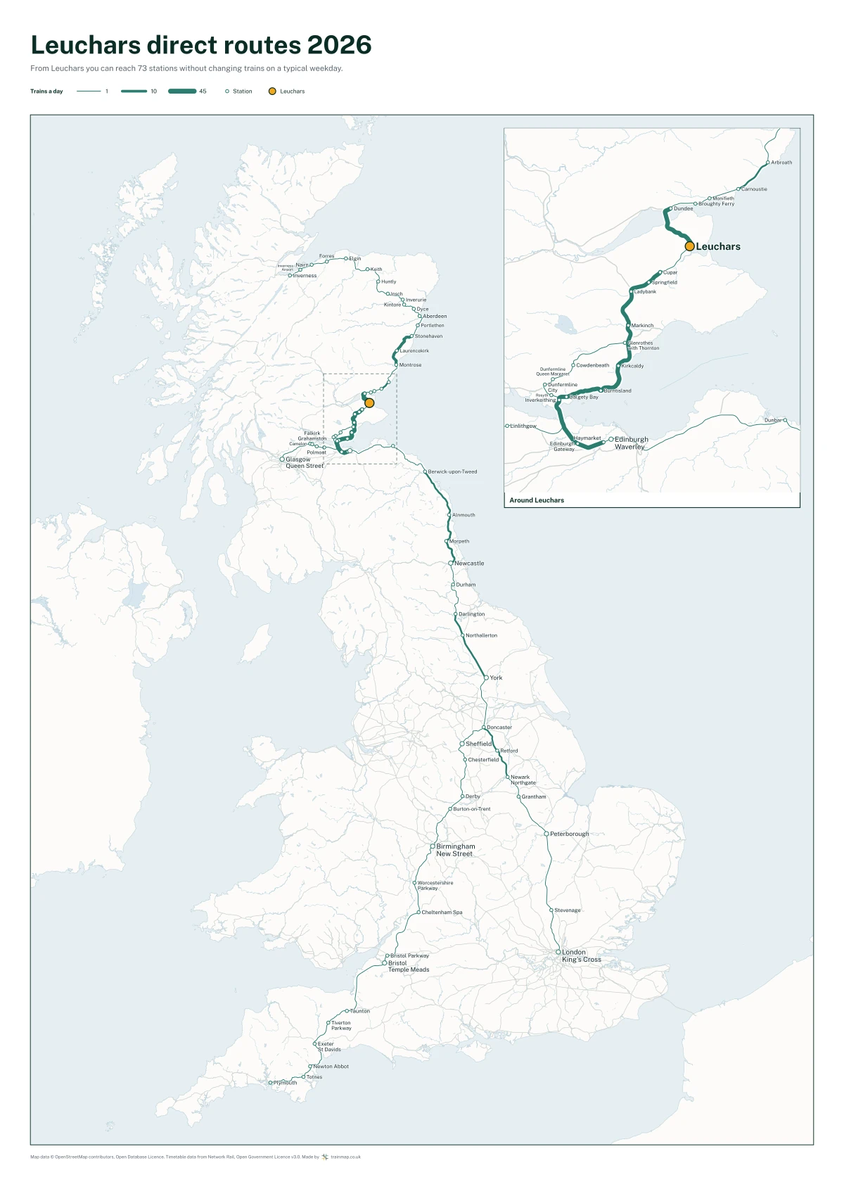 Leuchars direct routes 2026: a map of every station you can reach from Leuchars without changing trains, the lines thicker where more trains run