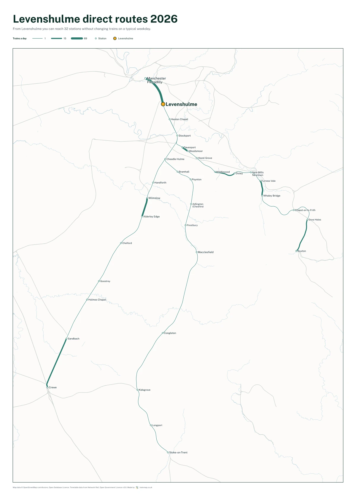 Levenshulme direct routes 2026: a map of every station you can reach from Levenshulme without changing trains, the lines thicker where more trains run