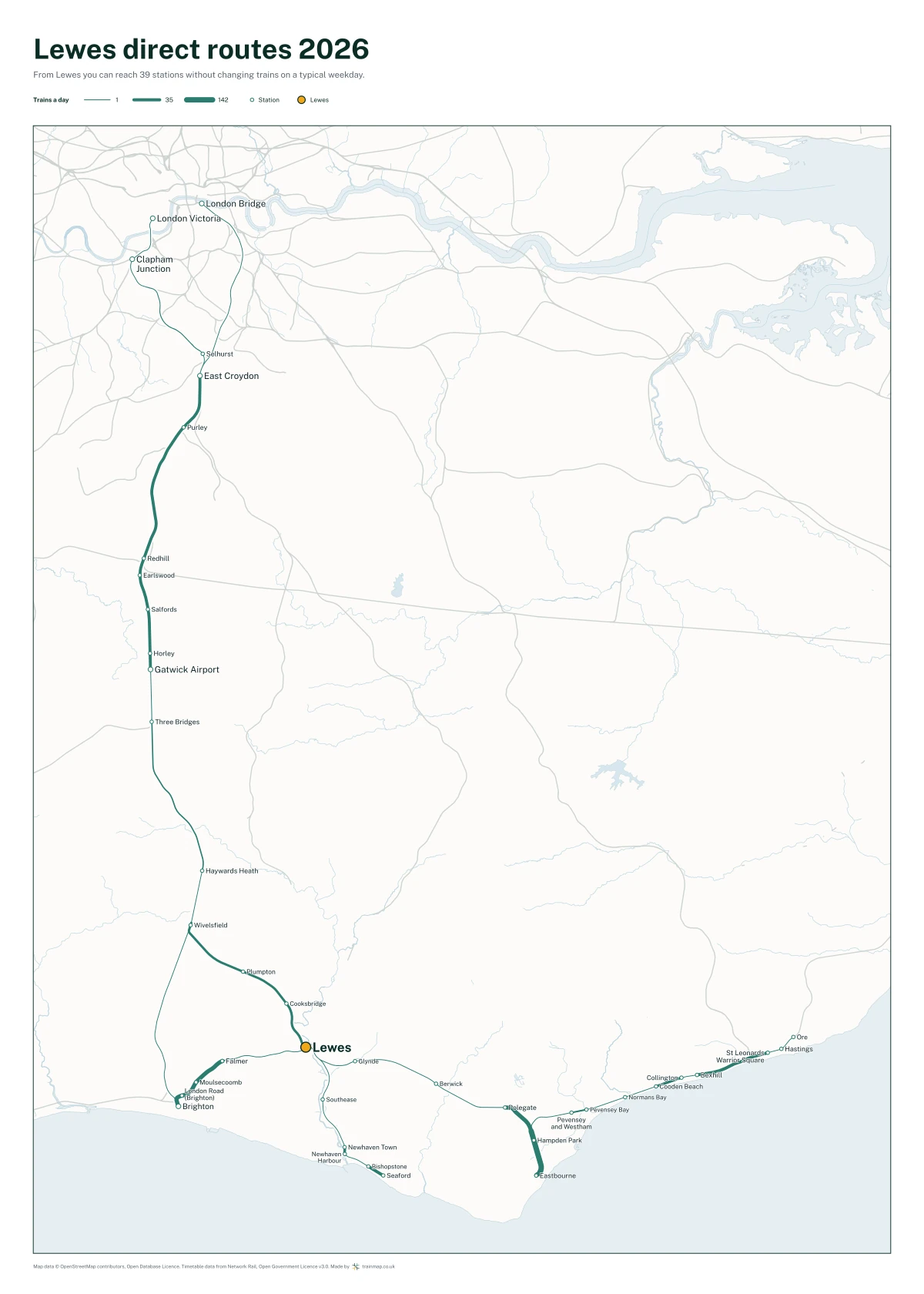 Lewes direct routes 2026: a map of every station you can reach from Lewes without changing trains, the lines thicker where more trains run