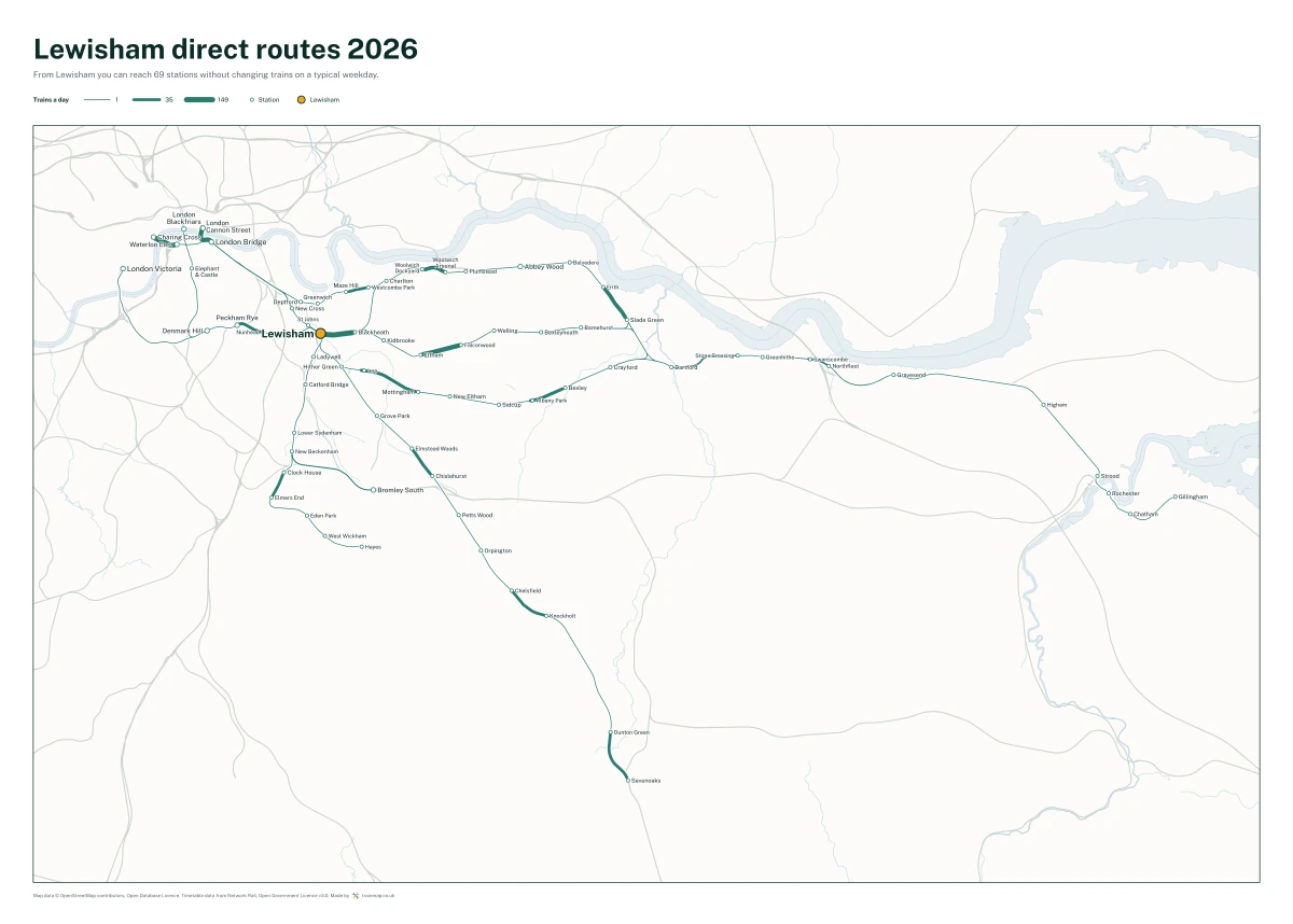Lewisham direct routes 2026: a map of every station you can reach from Lewisham without changing trains, the lines thicker where more trains run