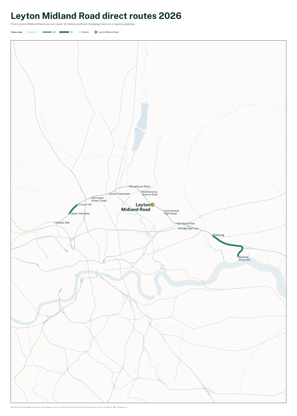 Leyton Midland Road direct routes 2026: a map of every station you can reach from Leyton Midland Road without changing trains, the lines thicker where more trains run
