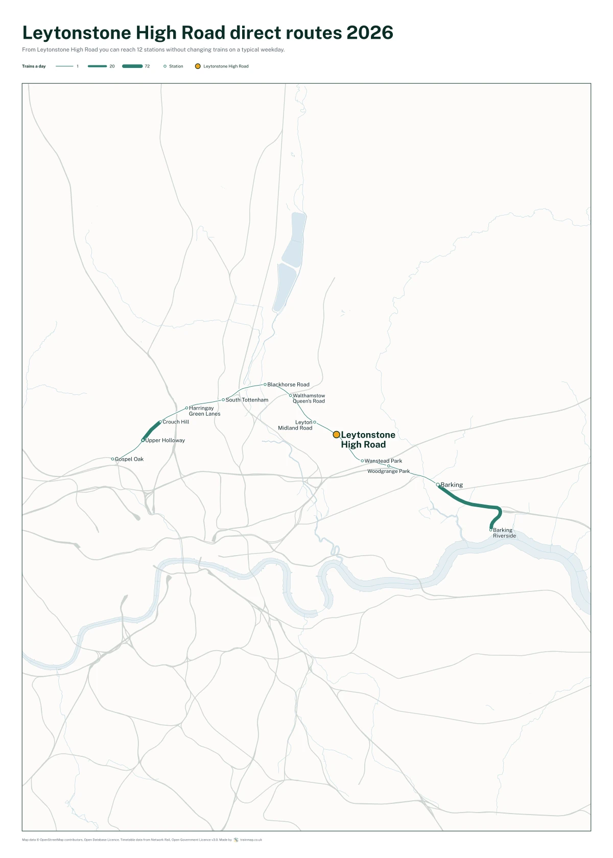 Leytonstone High Road direct routes 2026: a map of every station you can reach from Leytonstone High Road without changing trains, the lines thicker where more trains run