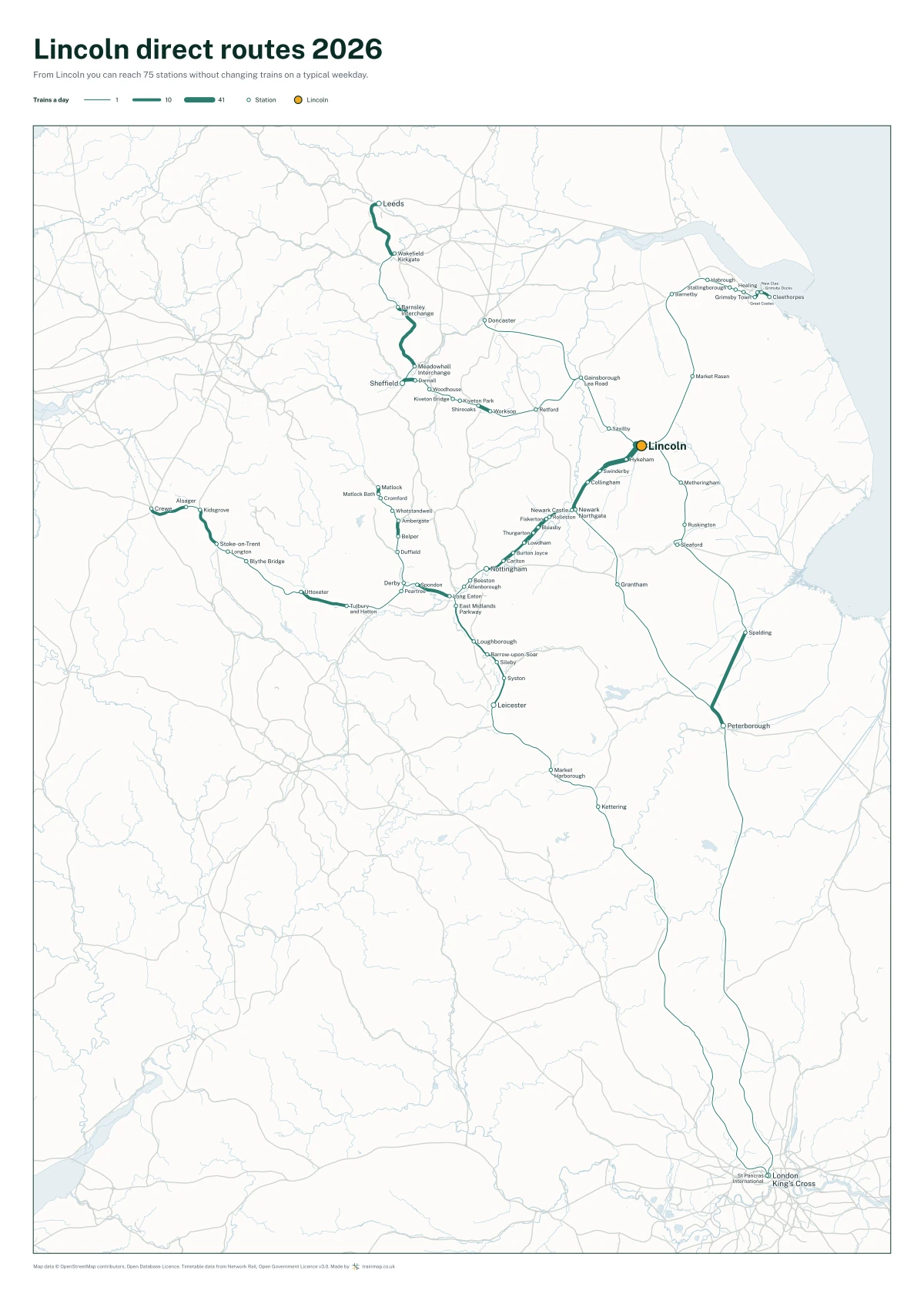 Lincoln direct routes 2026: a map of every station you can reach from Lincoln without changing trains, the lines thicker where more trains run