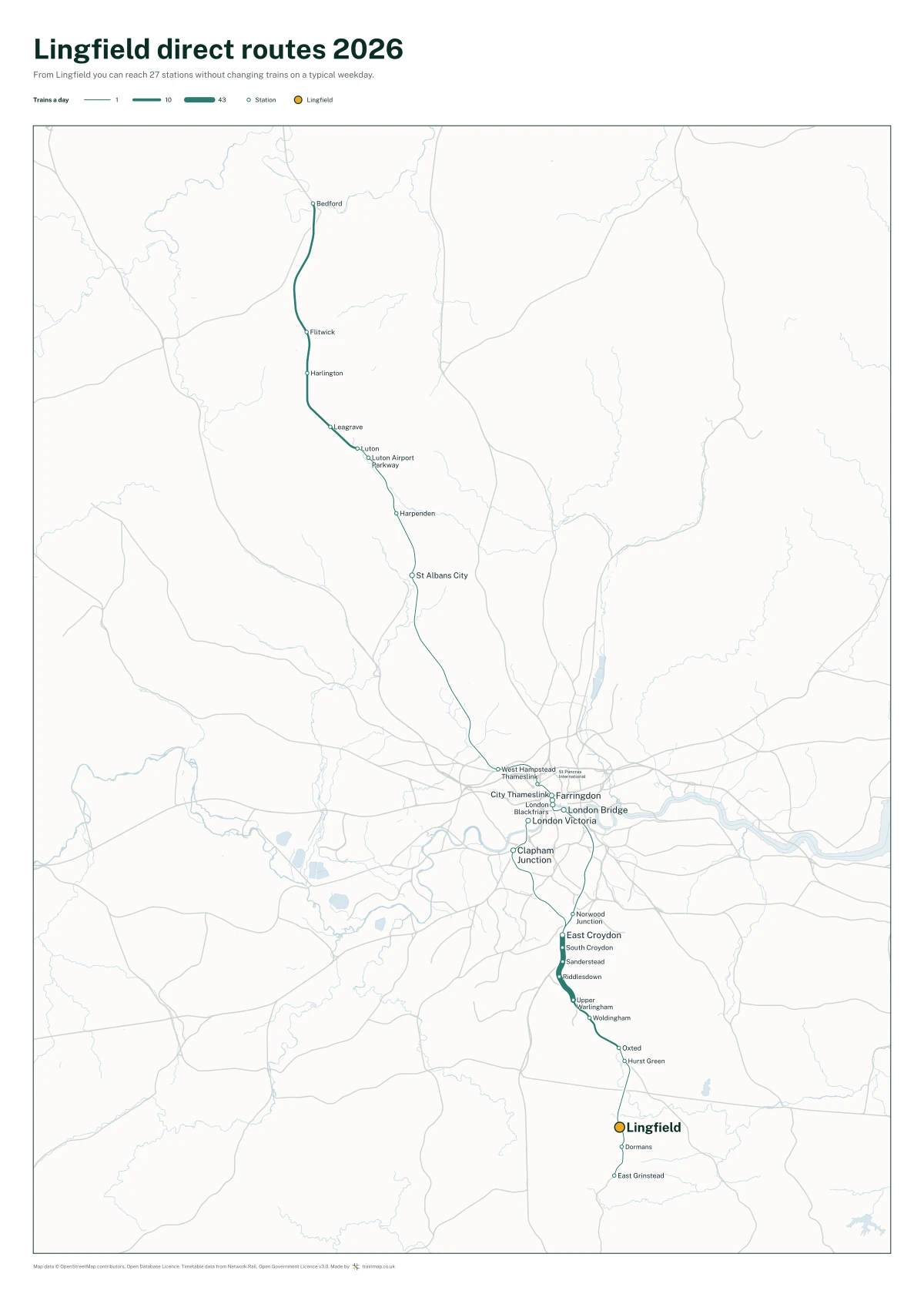 Lingfield direct routes 2026: a map of every station you can reach from Lingfield without changing trains, the lines thicker where more trains run
