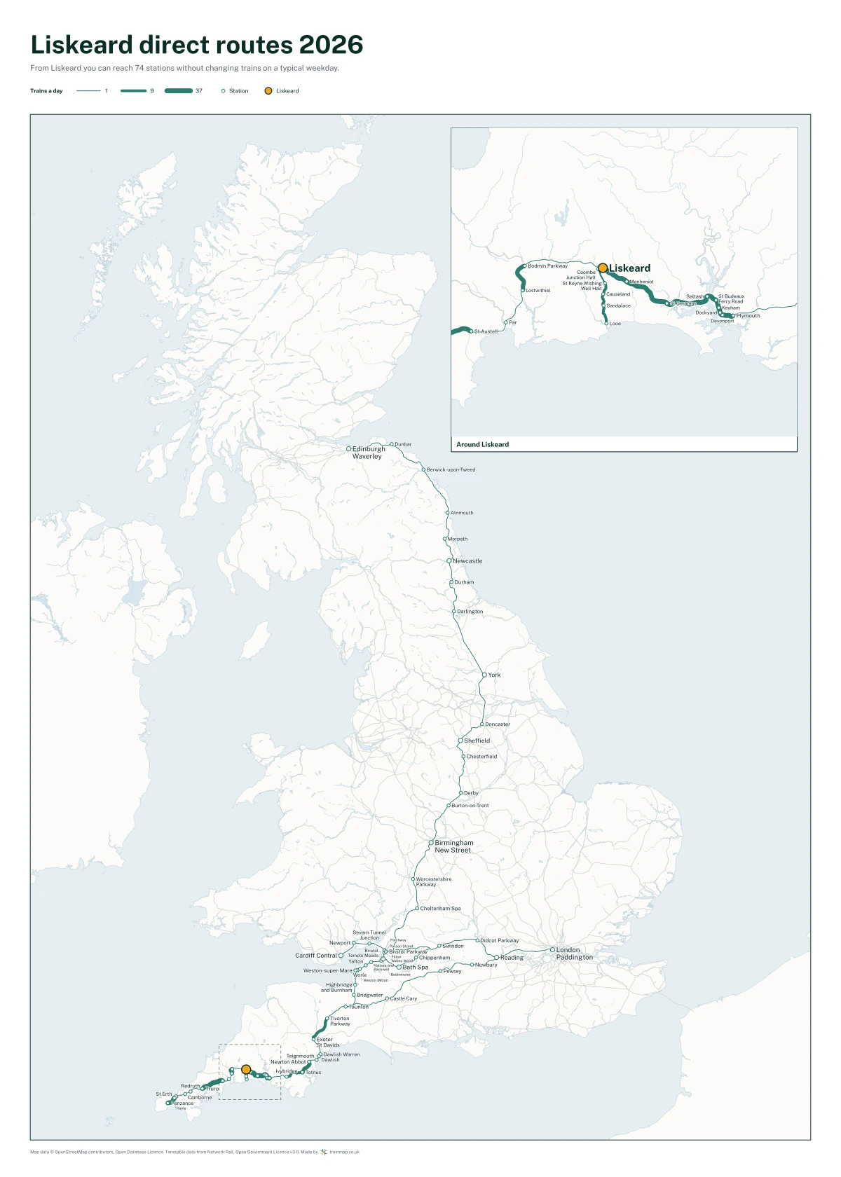 Liskeard direct routes 2026: a map of every station you can reach from Liskeard without changing trains, the lines thicker where more trains run