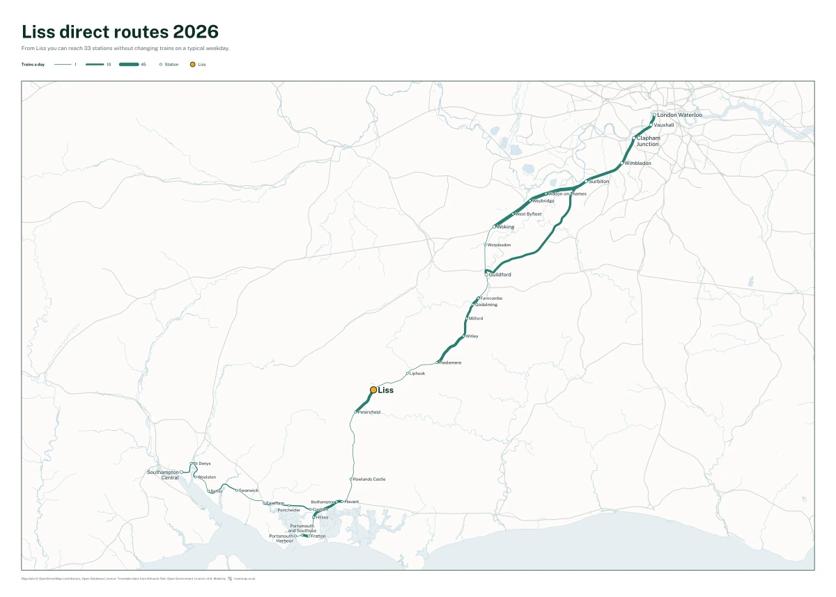 Liss direct routes 2026: a map of every station you can reach from Liss without changing trains, the lines thicker where more trains run