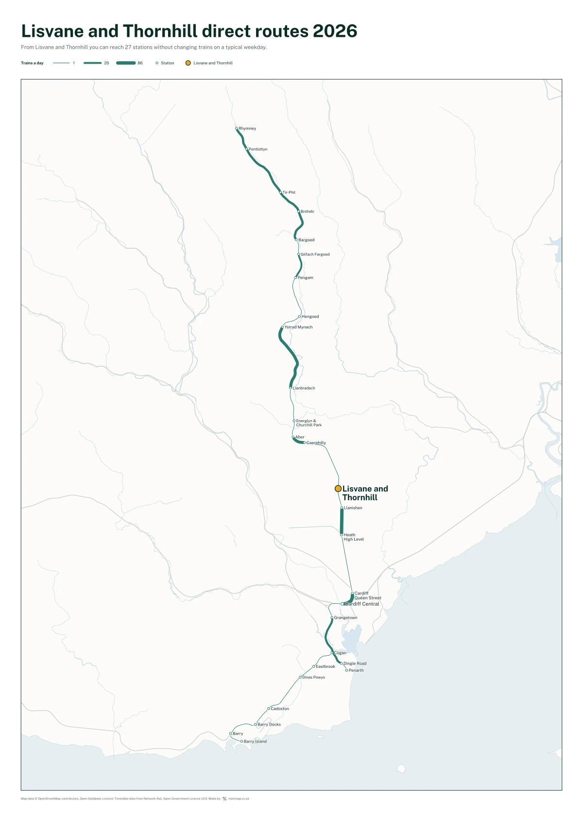 Lisvane and Thornhill direct routes 2026: a map of every station you can reach from Lisvane and Thornhill without changing trains, the lines thicker where more trains run