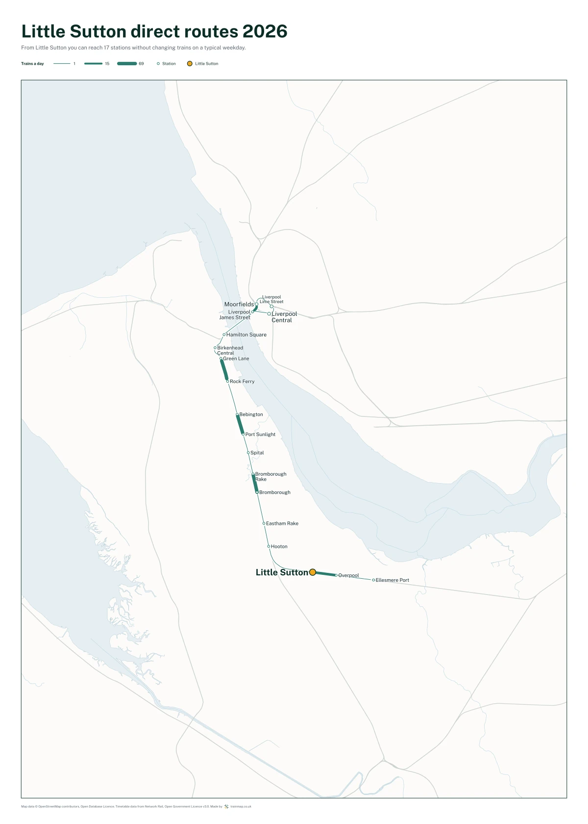 Little Sutton direct routes 2026: a map of every station you can reach from Little Sutton without changing trains, the lines thicker where more trains run