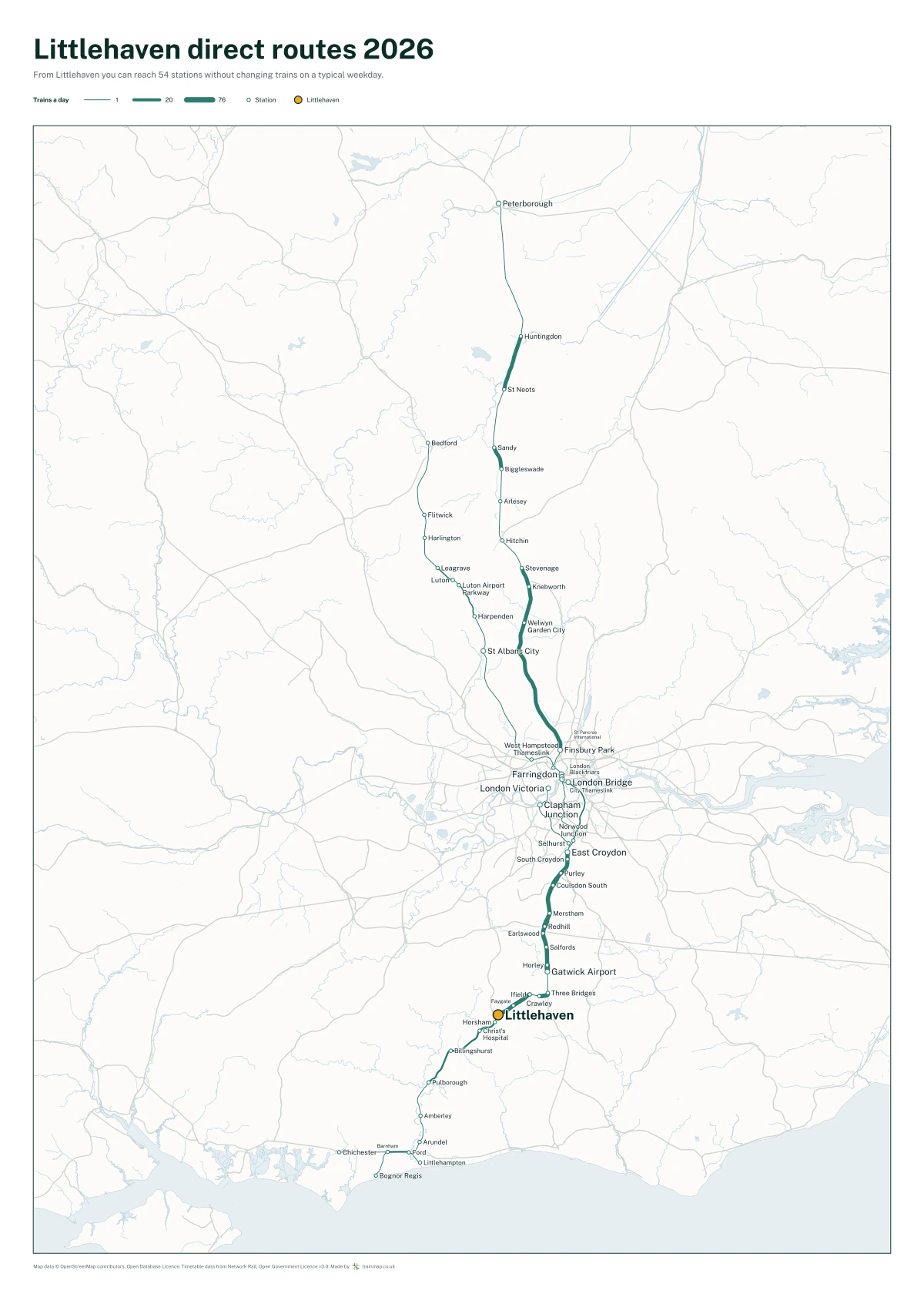 Littlehaven direct routes 2026: a map of every station you can reach from Littlehaven without changing trains, the lines thicker where more trains run