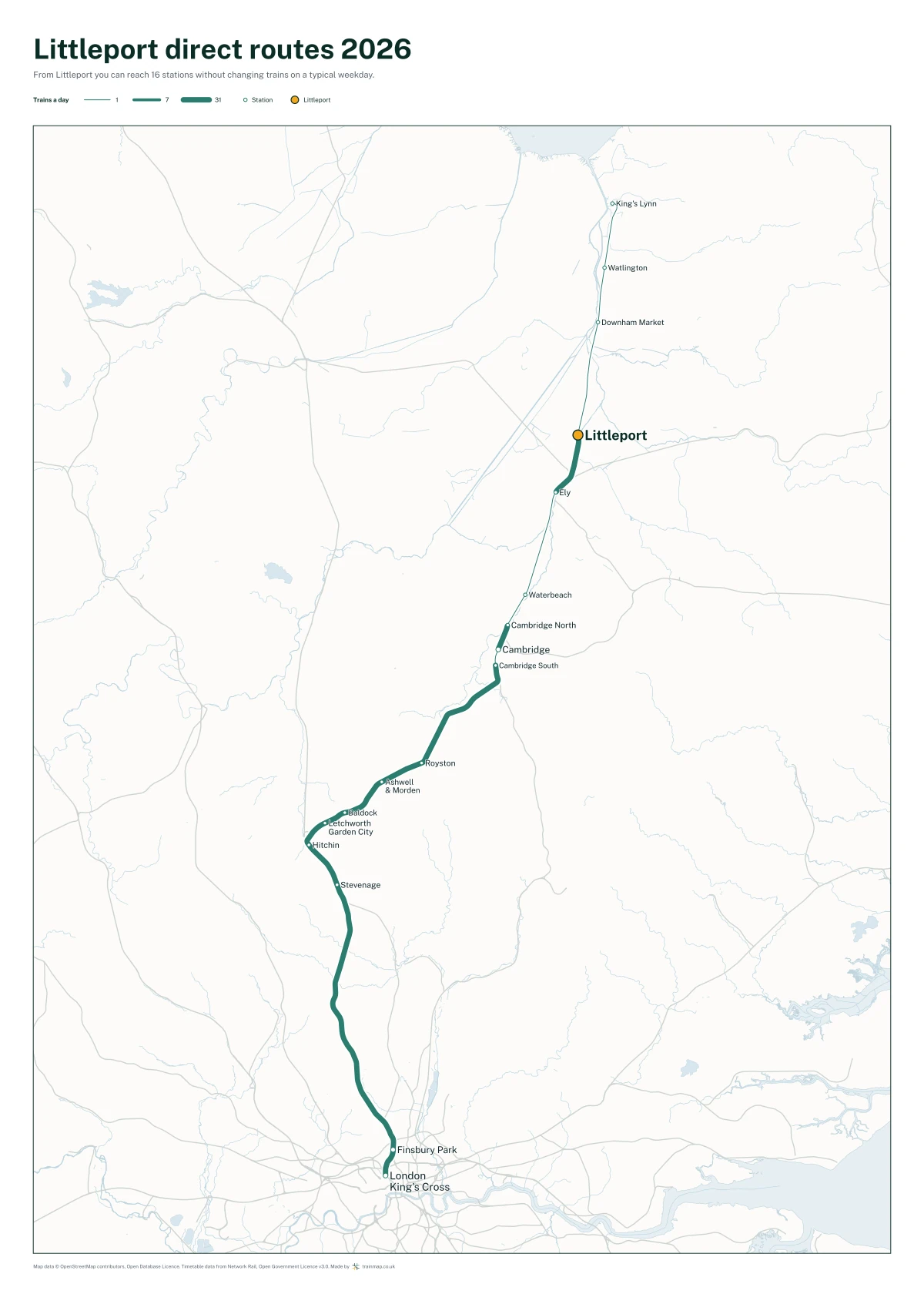 Littleport direct routes 2026: a map of every station you can reach from Littleport without changing trains, the lines thicker where more trains run