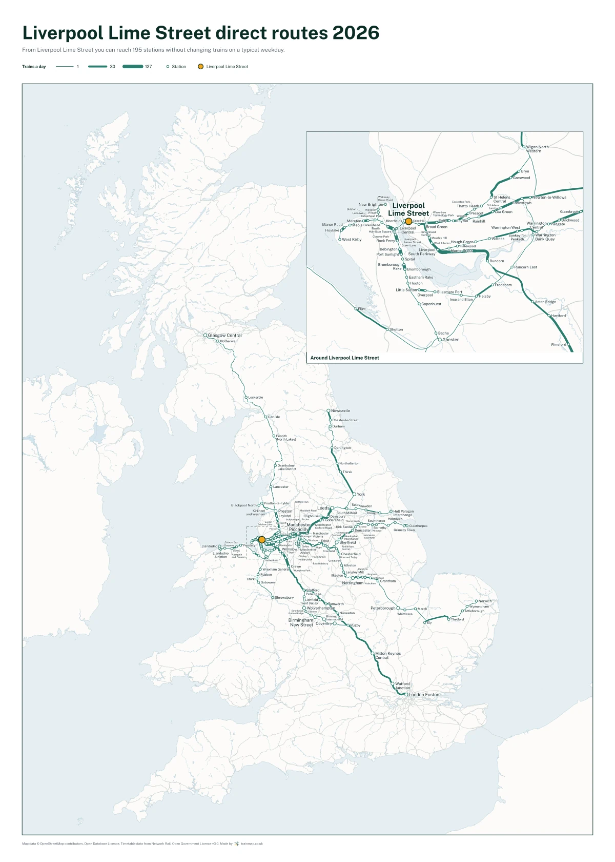 Liverpool Lime Street direct routes 2026: a map of every station you can reach from Liverpool Lime Street without changing trains, the lines thicker where more trains run