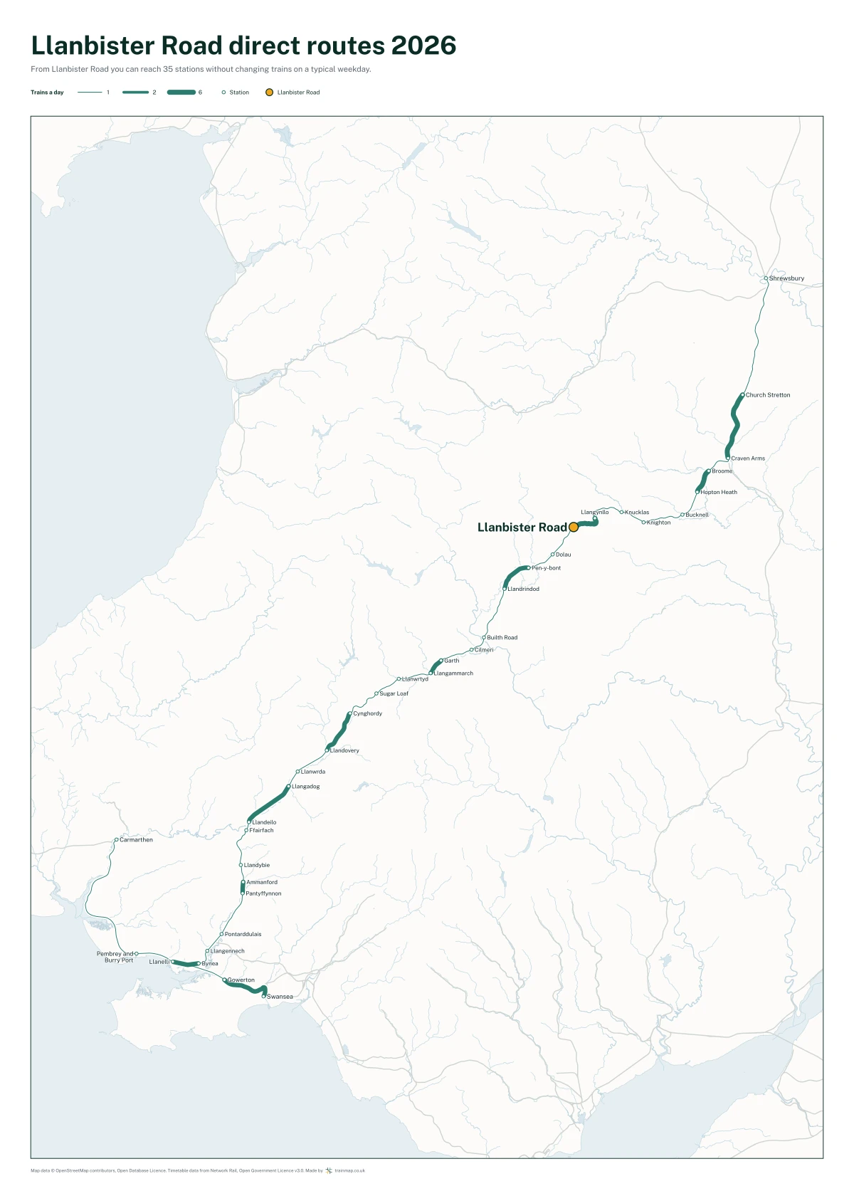 Llanbister Road direct routes 2026: a map of every station you can reach from Llanbister Road without changing trains, the lines thicker where more trains run